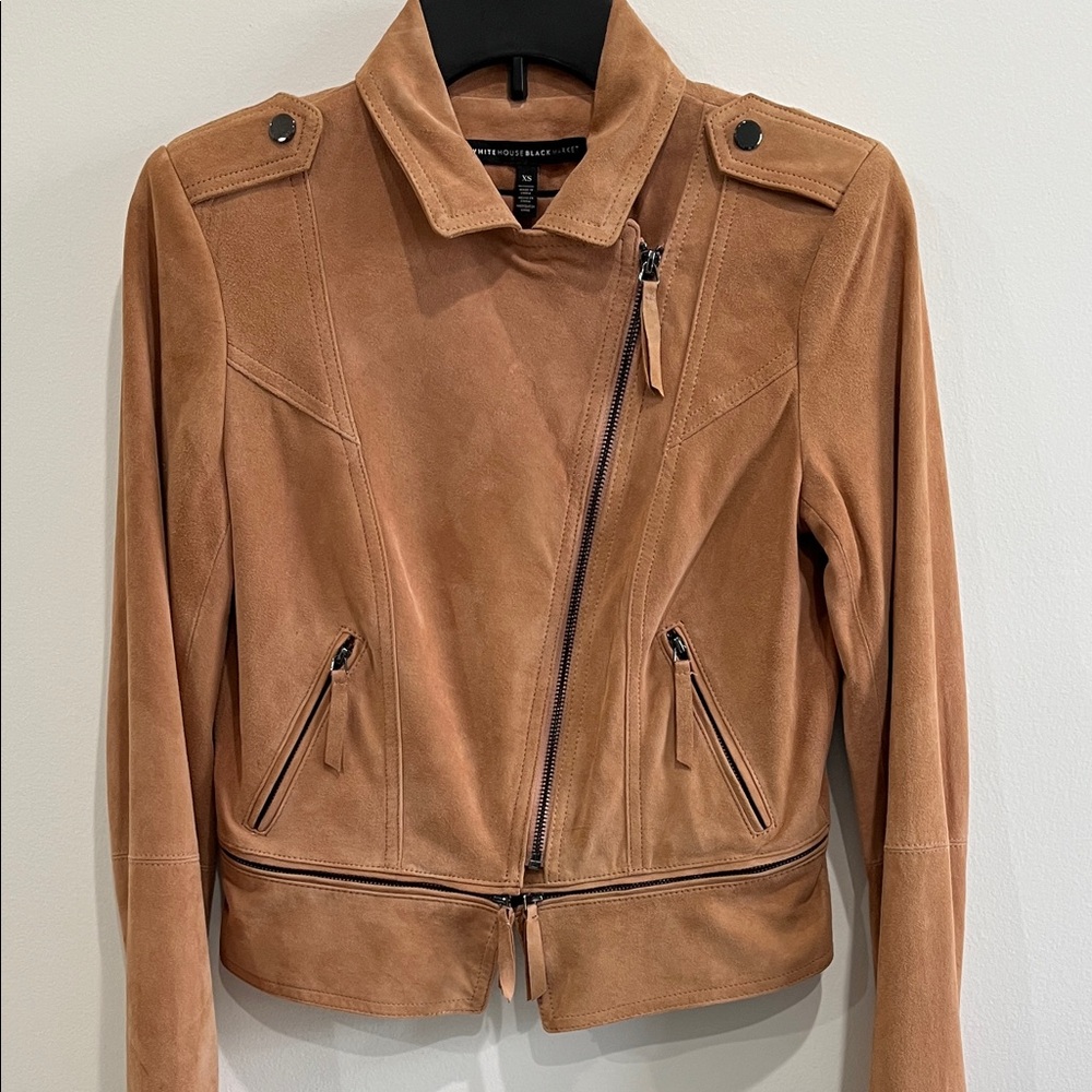 Genuine Leather White House Black Market Camel Suede Moto Jacket, Size XS